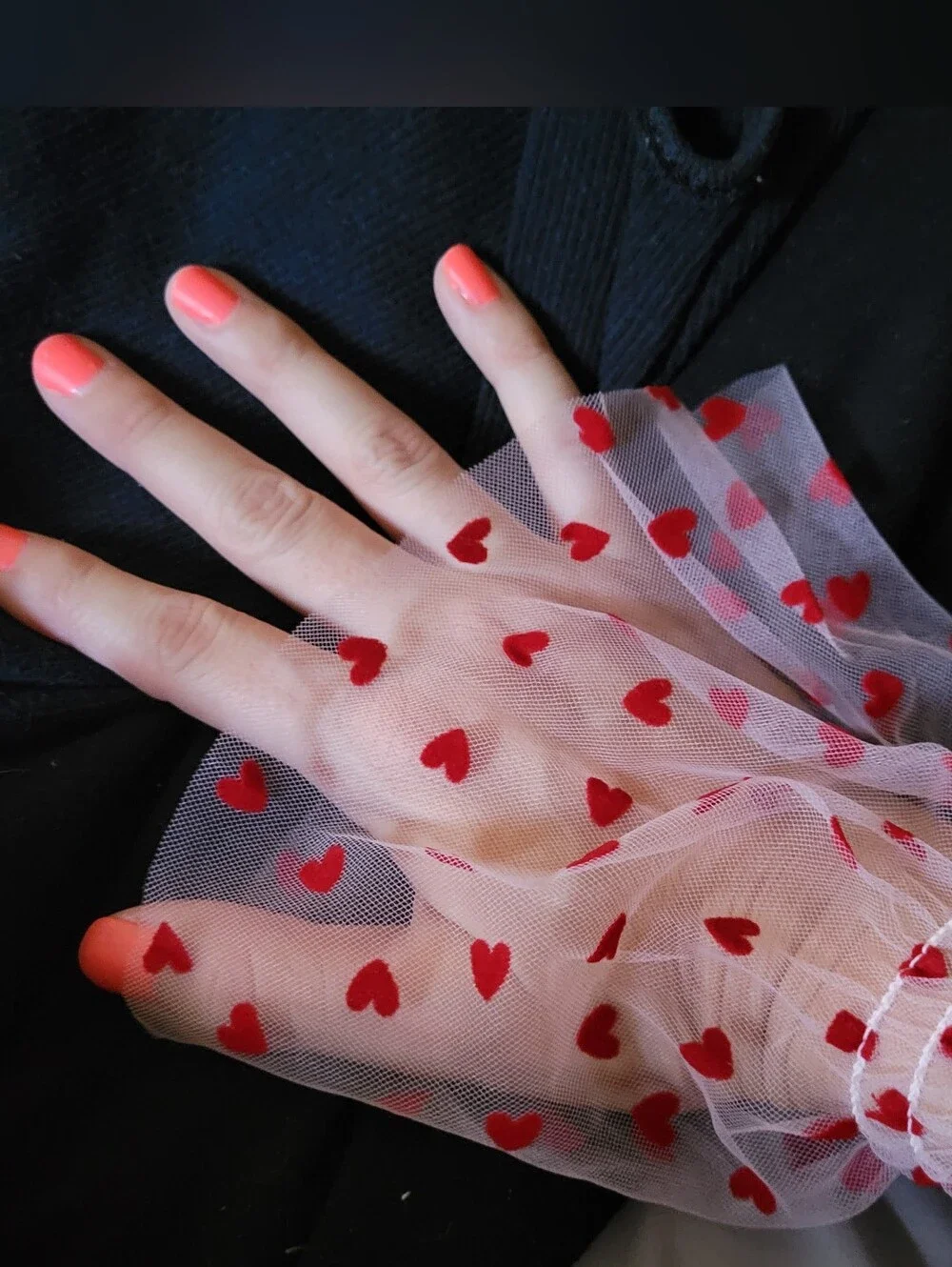 Sheer Heart-Print Mesh Gloves in Red - Women's Accessories